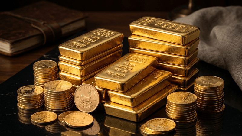 Gold bars and coins stacked on dark reflective surface with dramatic lighting