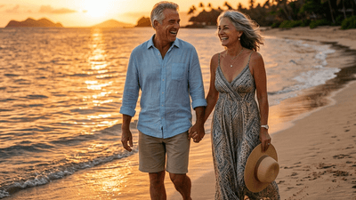 Couple enjoying sunset on a beach during retirement